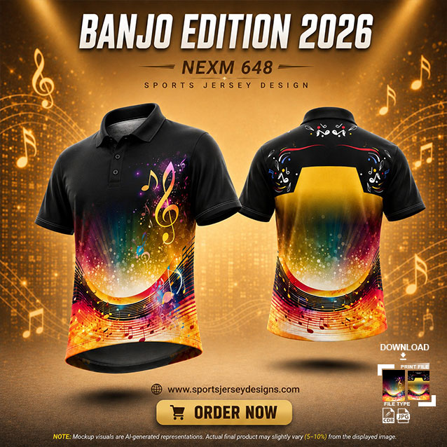 NEXM-648 BLACK,PINK BLUE ,YELLOW AND WHITE COMBINATION MUSICAL BANJO GROUP SUBLIMATION JERSEY DESIGN IN ORANGE AND BLACK COLOR