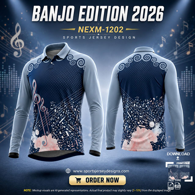 NEXM-1202 BLUE AND GREY PATTERN MUSICAL BANJO GROUP SUBLIMATION JERSEY DESIGN IN ORANGE AND BLACK COLOR
