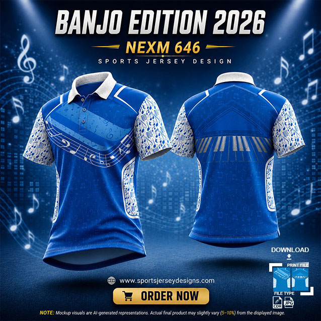 NEXM-646 BLUE AND WHITE MUSICAL BANJO GROUP SUBLIMATION JERSEY DESIGN IN ORANGE AND BLACK COLOR