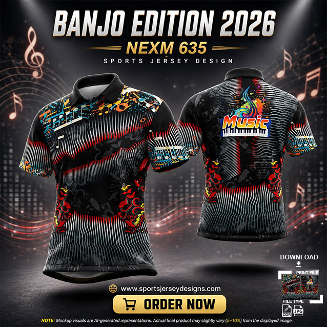 NEXM-635 BLACK,WHITE AND RED MUSICAL BANJO GROUP SUBLIMATION JERSEY DESIGN IN ORANGE AND BLACK COLOR