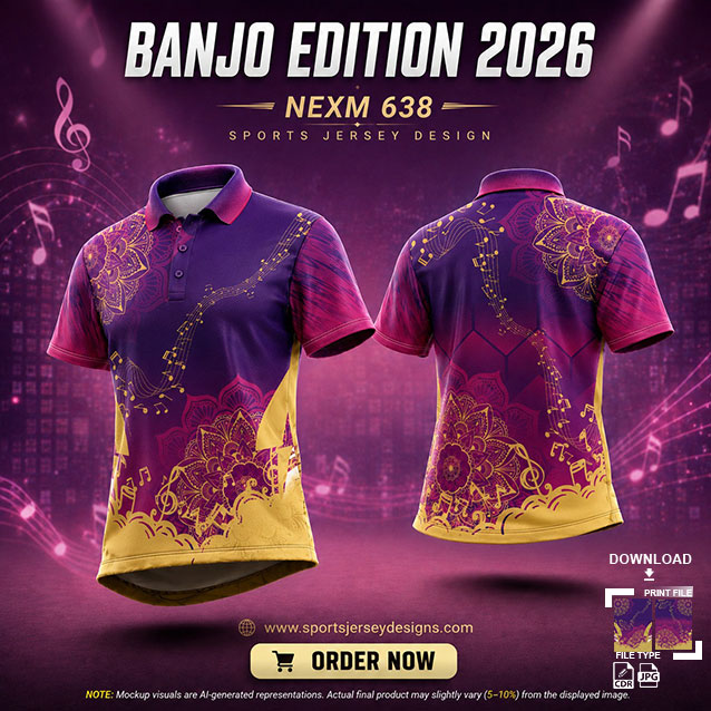 NEXM-638 PINK,GOLD YELLOW AND PURPLE MUSICAL BANJO GROUP SUBLIMATION JERSEY DESIGN IN ORANGE AND BLACK COLOR