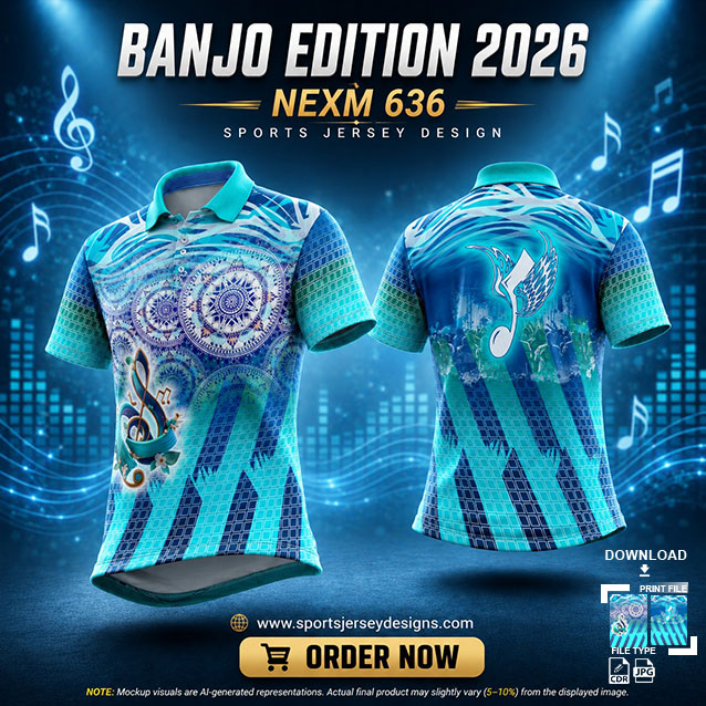 NEXM-636 BLUE AND WHITE MUSICAL BANJO GROUP SUBLIMATION JERSEY DESIGN IN ORANGE AND BLACK COLOR