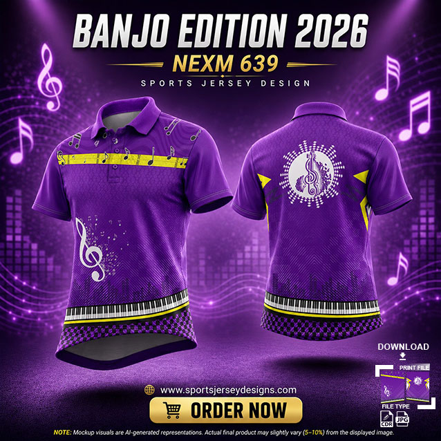 NEXM-639 PURPLE AND YELLOW MUSICAL BANJO GROUP SUBLIMATION JERSEY DESIGN IN ORANGE AND BLACK COLOR