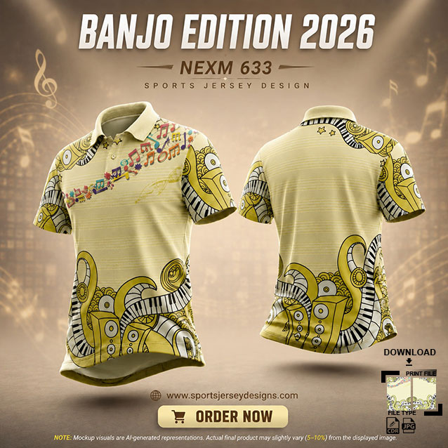 NEXM-633 YELLOW AND GREEN MUSICAL BANJO GROUP SUBLIMATION JERSEY DESIGN IN ORANGE AND BLACK COLOR