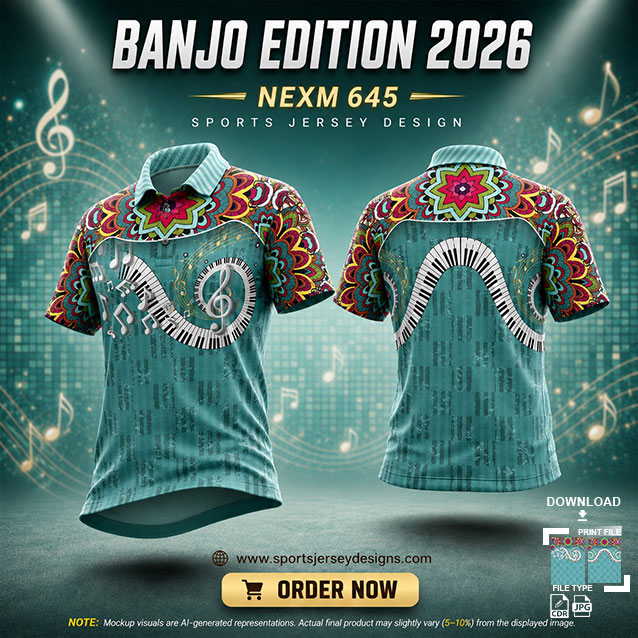 NEXM-645 GREEN AND RED MANDALA MUSICAL BANJO GROUP SUBLIMATION JERSEY DESIGN IN ORANGE AND BLACK COLOR