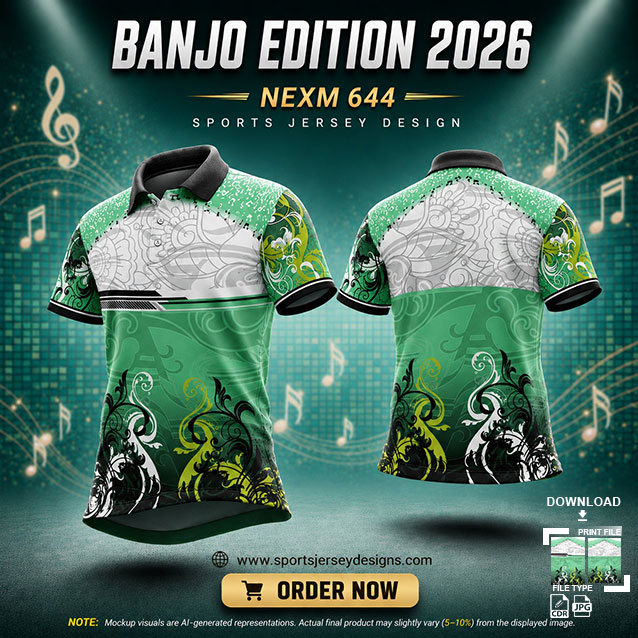 NEXM-644 GREEN AND WHITE MUSICAL BANJO GROUP SUBLIMATION JERSEY DESIGN IN ORANGE AND BLACK COLOR