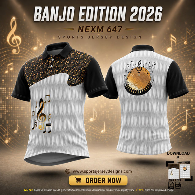 NEXM-647 WHITE,BLACK AND GREY MUSICAL BANJO GROUP SUBLIMATION JERSEY DESIGN IN ORANGE AND BLACK COLOR