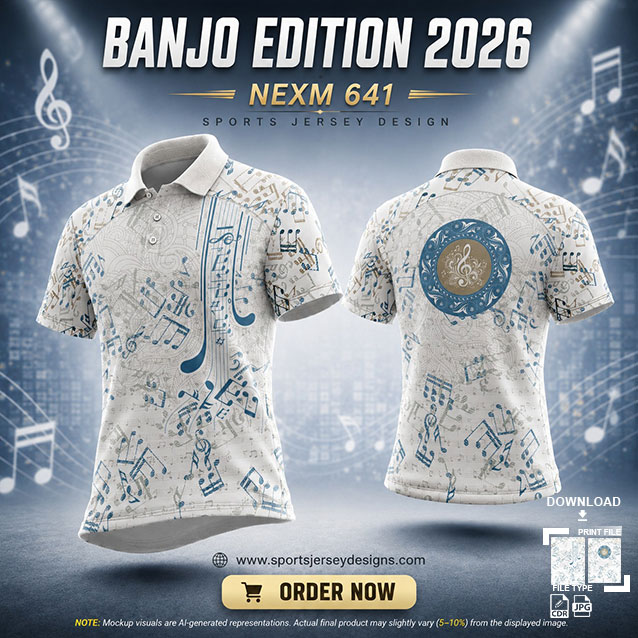 NEXM-641 WHITE AND BLUE PATTERNS MUSICAL BANJO GROUP SUBLIMATION JERSEY DESIGN IN ORANGE AND BLACK COLOR