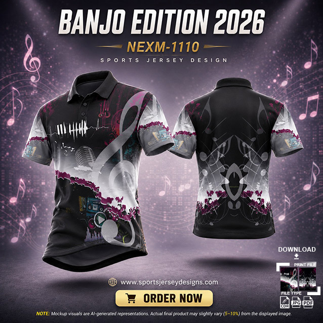 NEXM-1110 BLACK AND WHITE PATTERNS MUSICAL BANJO GROUP SUBLIMATION JERSEY DESIGN IN ORANGE AND BLACK COLOR