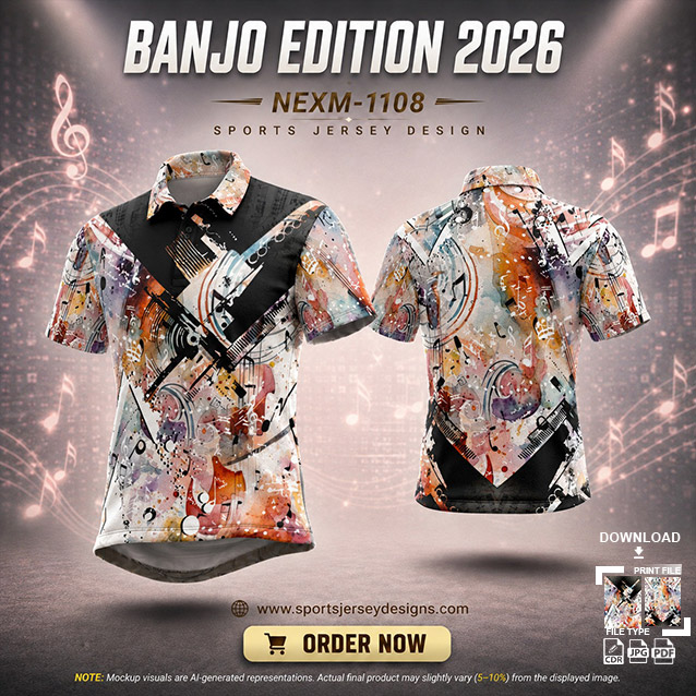 NEXM-1108 WHITE,ORANGE AND BLACK PATTERNS MUSICAL BANJO GROUP SUBLIMATION JERSEY DESIGN IN ORANGE AND BLACK COLOR