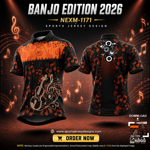 NEXM-1171 BLACK AND ORANGE PATTERNS MUSICAL BANJO GROUP SUBLIMATION JERSEY DESIGN IN ORANGE AND BLACK COLOR