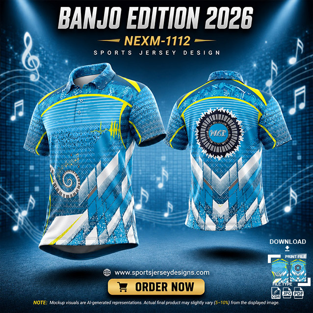 NEXM-1112 BLUE AND WHITE PATTERNS MUSICAL BANJO GROUP SUBLIMATION JERSEY DESIGN IN ORANGE AND BLACK COLOR