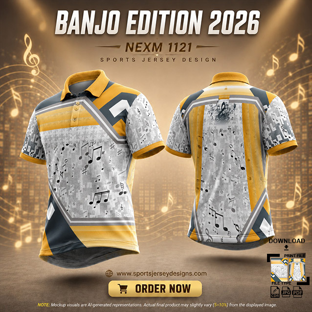 NEXM-1121 YELLOW,GREY AND WHITE PATTERNS MUSICAL BANJO GROUP SUBLIMATION JERSEY DESIGN IN ORANGE AND BLACK COLOR