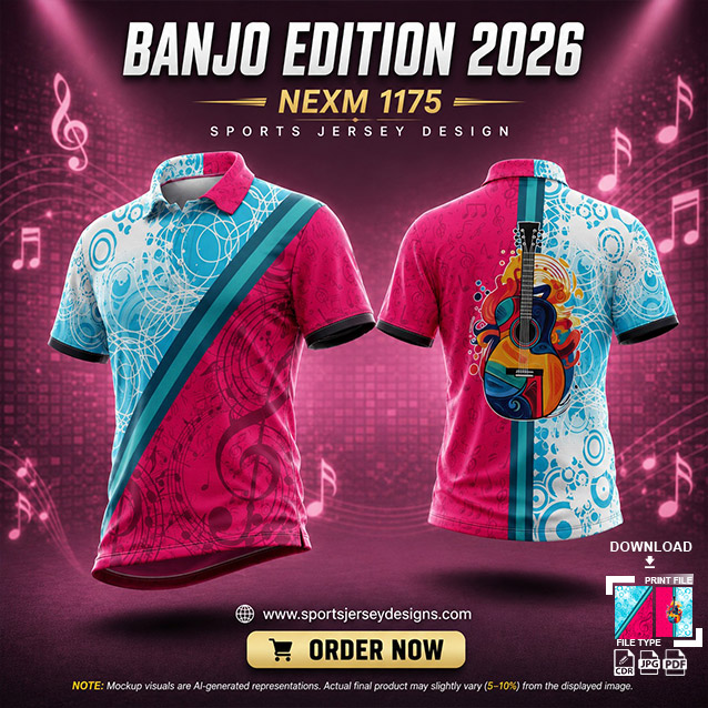NEXM-1175 PINK AND BLUE PATTERNS MUSICAL BANJO GROUP SUBLIMATION JERSEY DESIGN IN ORANGE AND BLACK COLOR