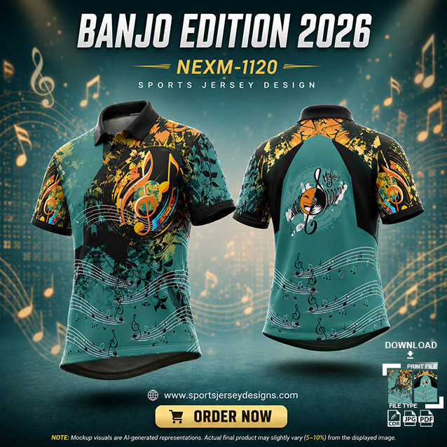 NEXM-1120 GREEN AND BLACK PATTERNS MUSICAL BANJO GROUP SUBLIMATION JERSEY DESIGN IN ORANGE AND BLACK COLOR