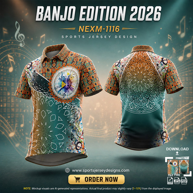 NEXM-1116 GREEN AND ORANGE PATTERNS MUSICAL BANJO GROUP SUBLIMATION JERSEY DESIGN IN ORANGE AND BLACK COLOR