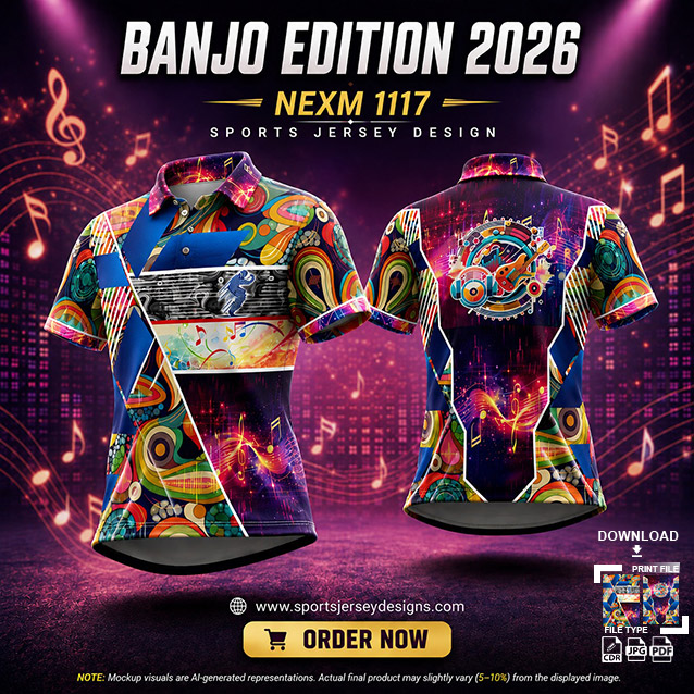 NEXM-1117 PINK,BLUE AND PURPLE PATTERNS MUSICAL BANJO GROUP SUBLIMATION JERSEY DESIGN IN ORANGE AND BLACK COLOR