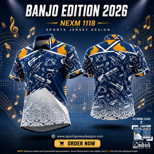 NEXM-1118 BLUE AND WHITE PATTERNS MUSICAL BANJO GROUP SUBLIMATION JERSEY DESIGN IN ORANGE AND BLACK COLOR