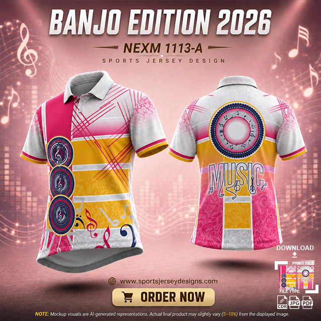 NEXM-1113 PINK,YELLOW AND WHITE PATTERNS MUSICAL BANJO GROUP SUBLIMATION JERSEY DESIGN IN ORANGE AND BLACK COLOR