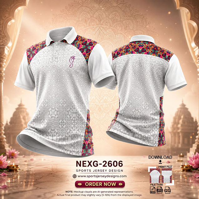 NEXG-2606 WHITE AND PINK PATTERN GANESHA FESTIVAL JERSEY DESIGN