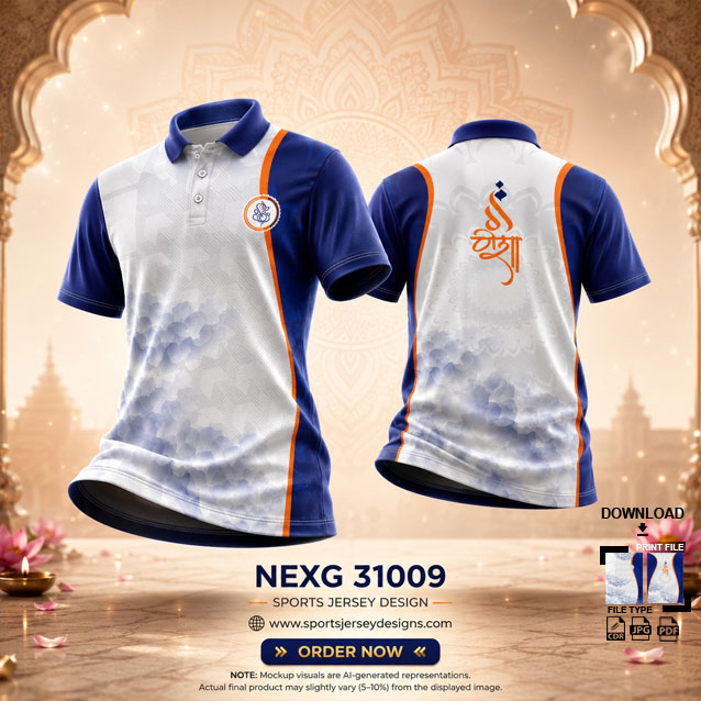 NEXG-31009 WHITE AND BLUE PATTERN GANESHA FESTIVAL JERSEY DESIGN