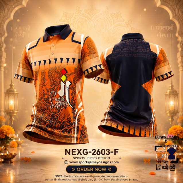 NEXG-2603 F ORANGE AND WHITE PATTERN GANESHA FESTIVAL JERSEY DESIGN