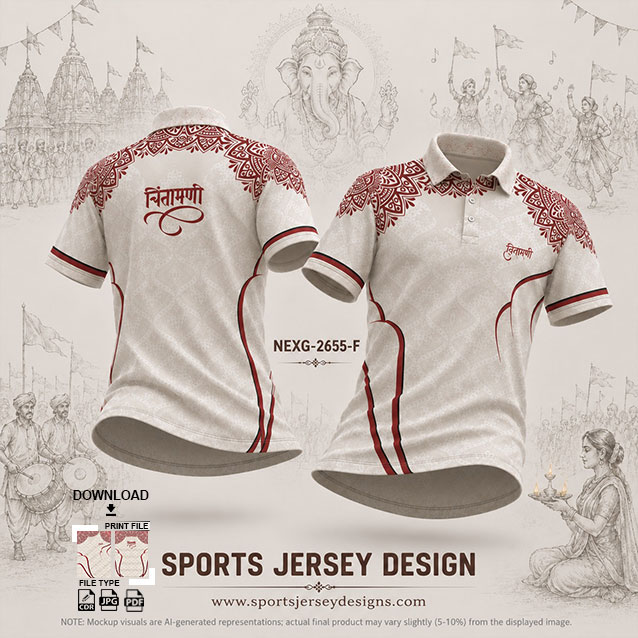 NEXG-2655 F CREAM AND RED PATTERN GANESHA FESTIVAL JERSEY DESIGN