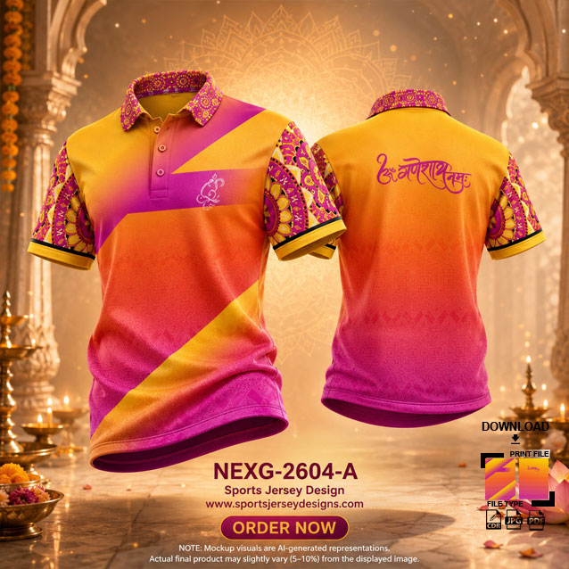 NEXG-2604 A ORANGE AND YELLOW PATTERN GANESHA FESTIVAL JERSEY DESIGN