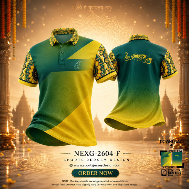 NEXG-2604 F GREEN AND YELLOW PATTERN GANESHA FESTIVAL JERSEY DESIGN
