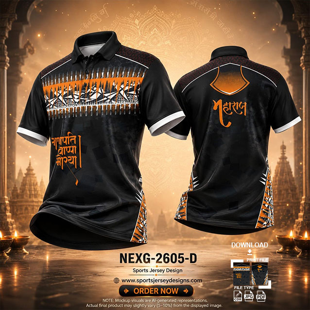 NEXG-2605-D BLACK AND ORANGE PATTERN GANESHA FESTIVAL JERSEY DESIGN