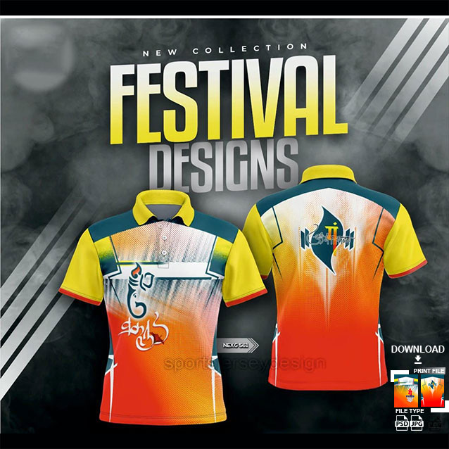 NEXG-561 ORANGE,YELLOW AND WHITE PATTERN GANESHA FESTIVAL JERSEY DESIGN