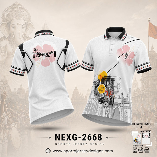 NEXG-2668 WHITE AND BLACK PATTERN GANESHA FESTIVAL JERSEY DESIGN