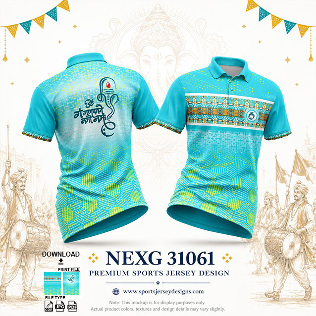 NEXG-31061 BLUE,WHITE AND YELLOW PATTERN GANESHA FESTIVAL JERSEY DESIGN