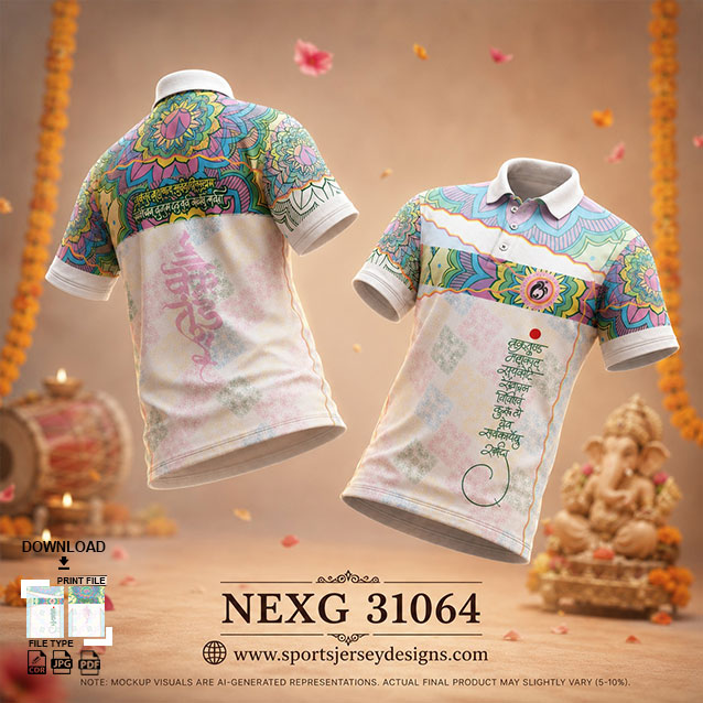 NEXG-31064 WHITE,BLUE AND PINK PATTERN GANESHA FESTIVAL JERSEY DESIGN