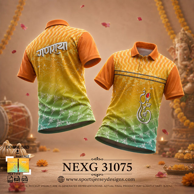 NEXG-31075 ORANGE AND GREEN PATTERN GANESHA FESTIVAL JERSEY DESIGN