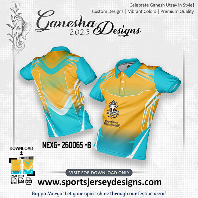 NEXG-260065 B GOLD YELLOW AND FIROZI PATTERN GANESHA FESTIVAL JERSEY DESIGN