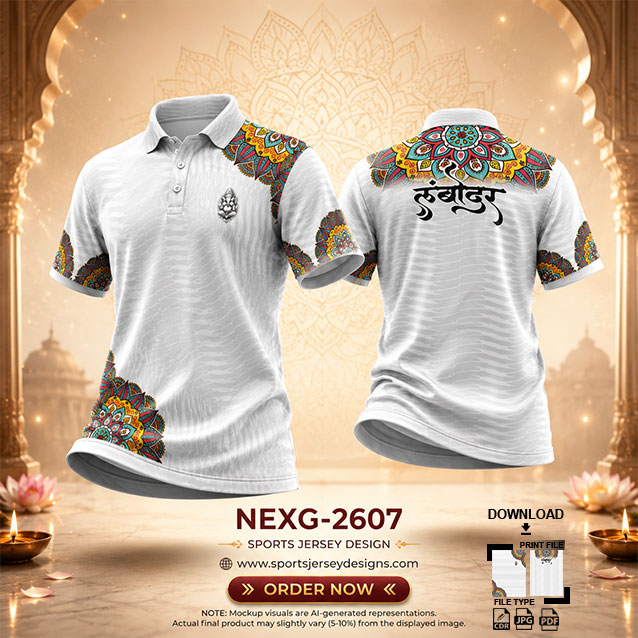 NEXG-2607 WHITE AND GREY PATTERN GANESHA FESTIVAL JERSEY DESIGN