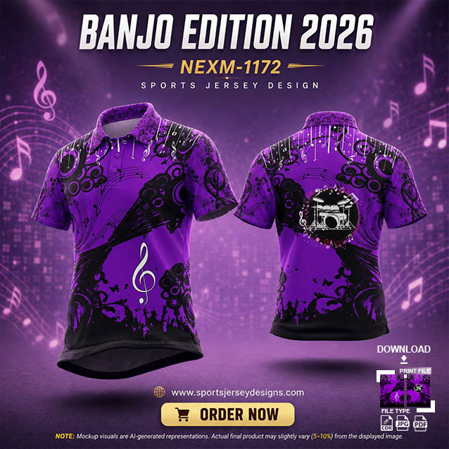 NEXM-1172 PURPLE AND BLACK PATTERNS MUSICAL BANJO GROUP SUBLIMATION JERSEY DESIGN IN ORANGE AND BLACK COLOR