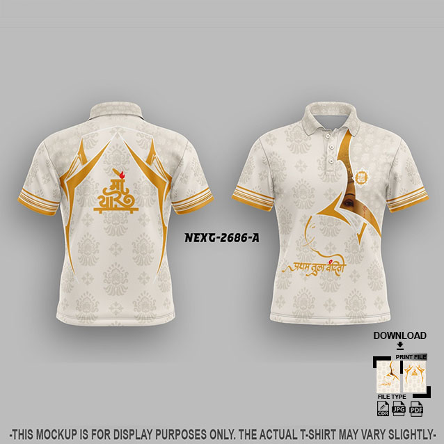 NEXG-2686 A WHITE AND GOLD YELLOW PATTERN GANESHA FESTIVAL JERSEY DESIGN