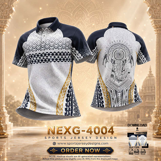 NEXG-4004 WHITE AND NAVY BLUE PATTERN GANESHA FESTIVAL JERSEY DESIGN