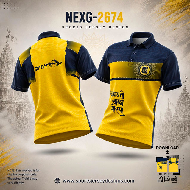 NEXG-2674 GOLD YELLOW AND NAVY BLUE PATTERN GANESHA FESTIVAL JERSEY DESIGN
