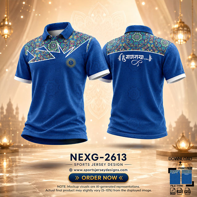 NEXG-2613 WHITE AND BLUE PATTERN GANESHA FESTIVAL JERSEY DESIGN