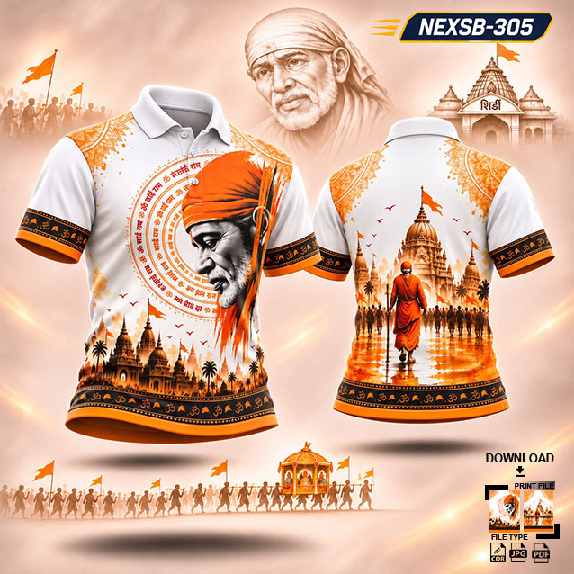 NEXSB-305 WHITE,ORANGE AND BLACK SAI BABA PALKHI SUBLIMATION JERSEY DESIGN