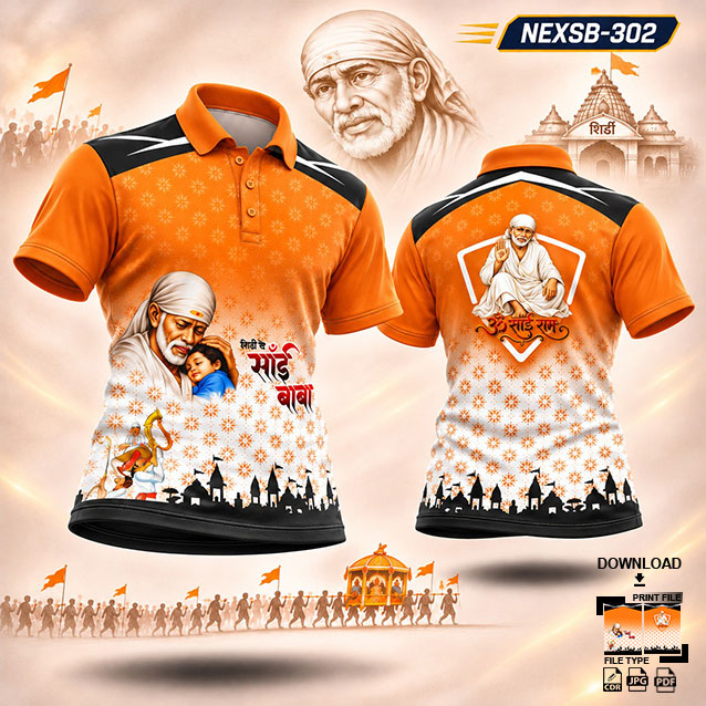 NEXSB-302ORANGE ,WHITE AND BLACK SAI BABA PALKHI SUBLIMATION JERSEY DESIGN