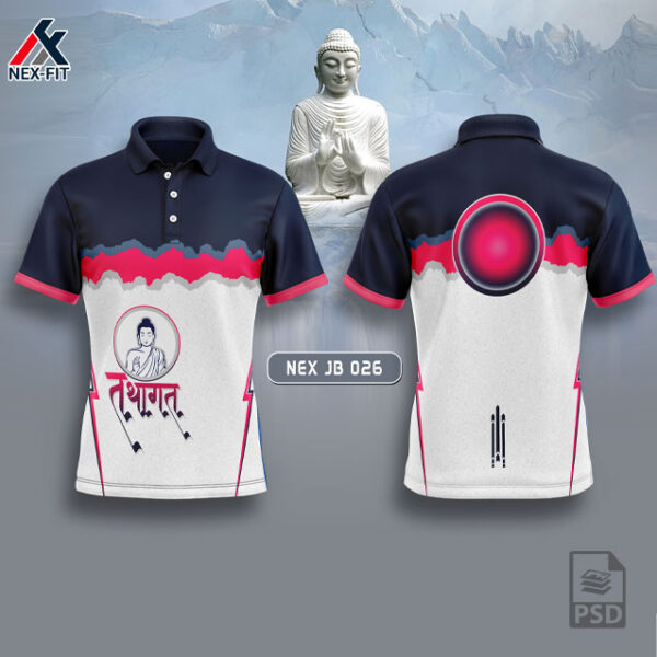 NEX JB 026 GAUTAMA BUDHA SUBLIMATION JERSEY DESIGN IN WHITE/PINK AND NAVY BLUE COLOR