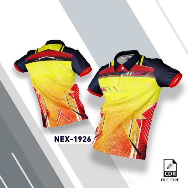 "NEX-1926 sports jersey design for sublimation printing, featuring a yellow and red combination with navy blue sleeves."