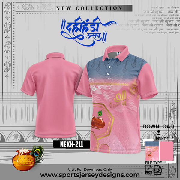 NEXK 211 Dahi Handi Festival Jersey Design In Baby Pink And Grey Color