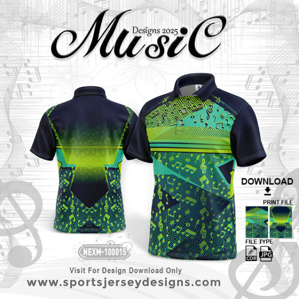 NEXM-100015 MUSICAL BANJO GROUP SUBLIMATION JERSEY DESIGN IN GREEN AND NAVY BLUE