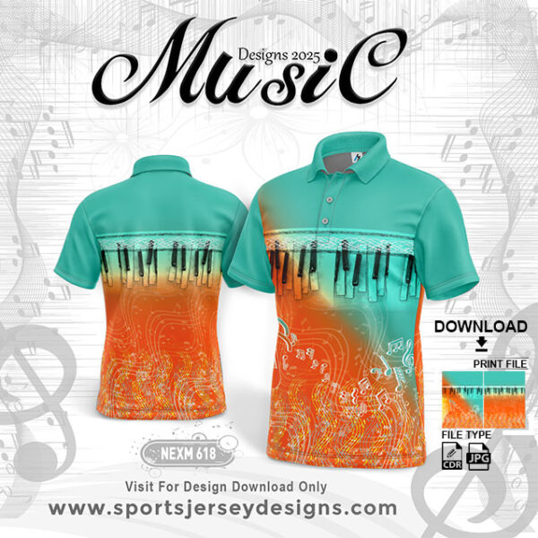 NEXM 618 MUSICAL BANJO GROUP SUBLIMATION JERSEY DESIGN IN SEA GREEN AND ORANGE COLOR