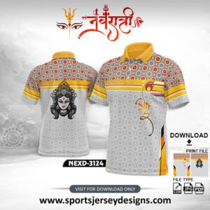NEXD-3124 Navratri Special Jersey – Grey, Yellow & Red Pattern with Devi Illustration and Calligraphy